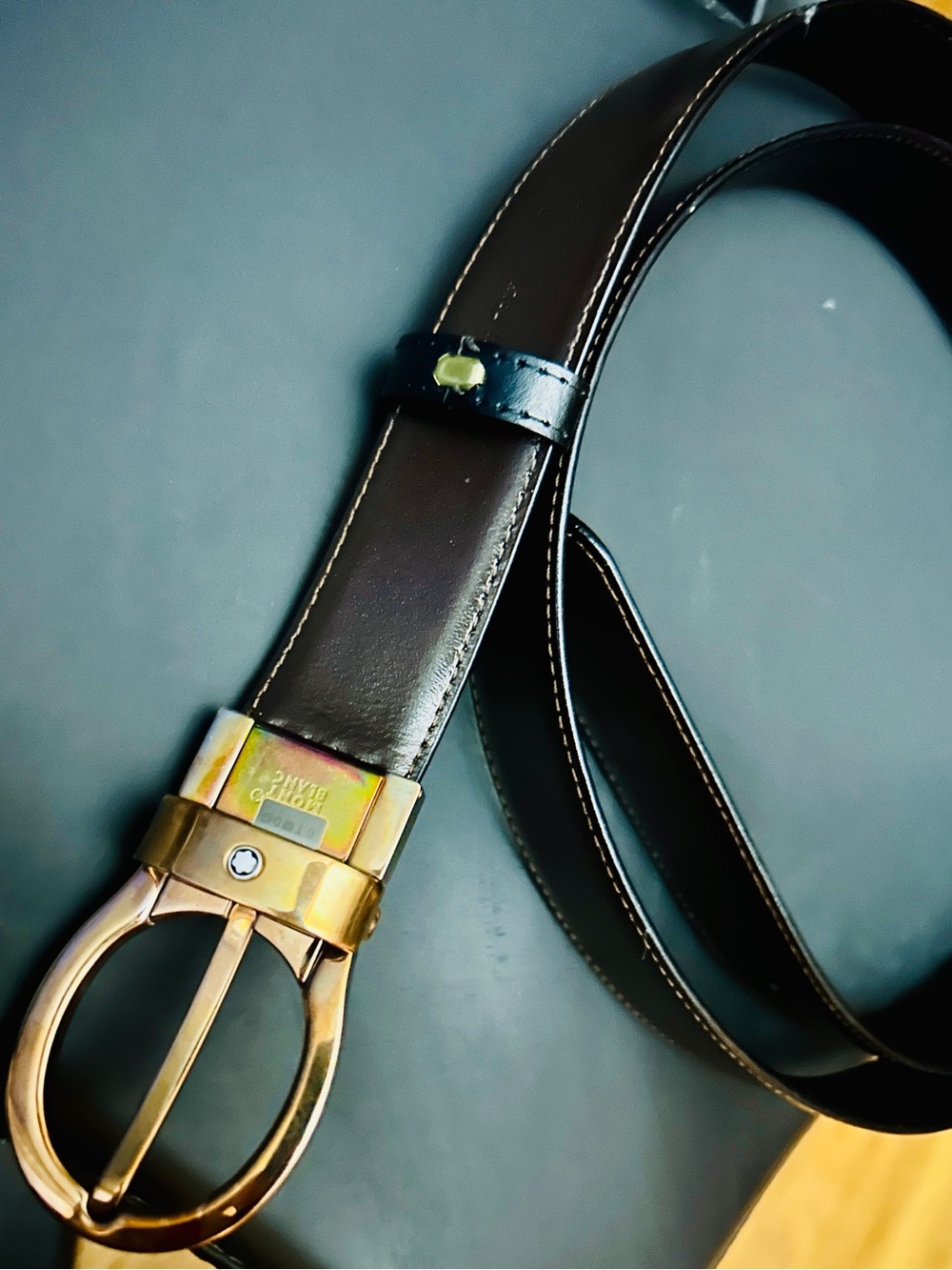 Montblanc Black Leather Belt with Gold-Tone Buckle